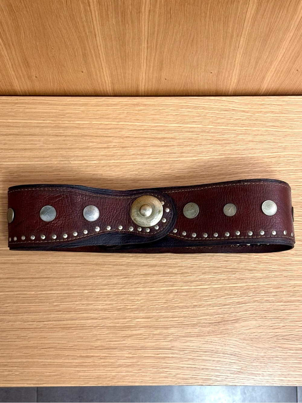 Vintage 1970s Coin-Studded Wide Leather Waist Belt w/ Brass Accent, Men’s XL